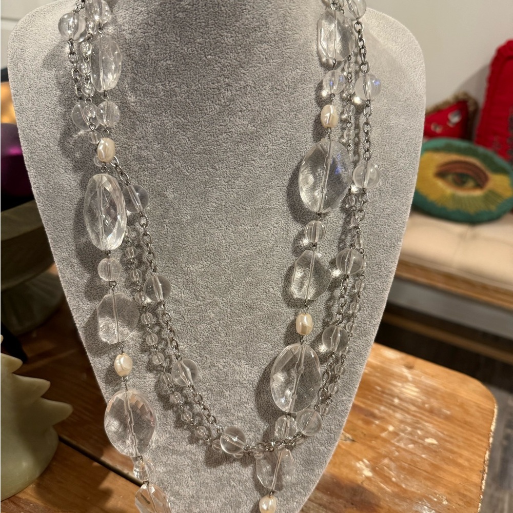 Chic Silver, Pearl and Clear beaded three string layered Necklace